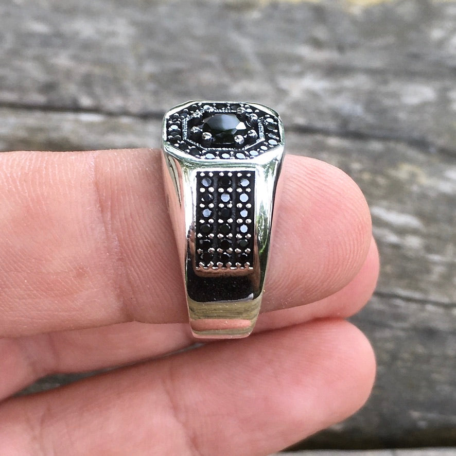 925 Sterling Silver Mens Pave Signet Ring Black Diamond Designer Artisan Jewelry