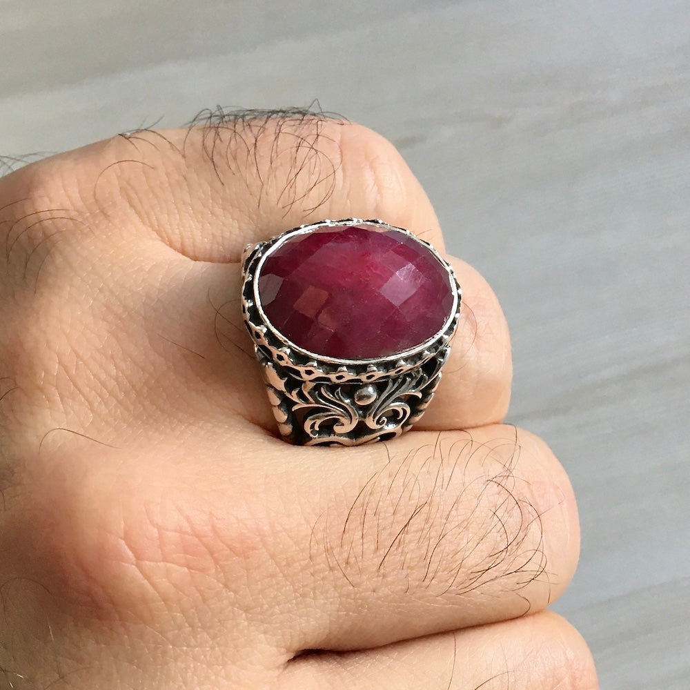 Unique Handmade Ring GENUINE Ruby Corundum Sterling Silver Mens Gemstone Jewelry