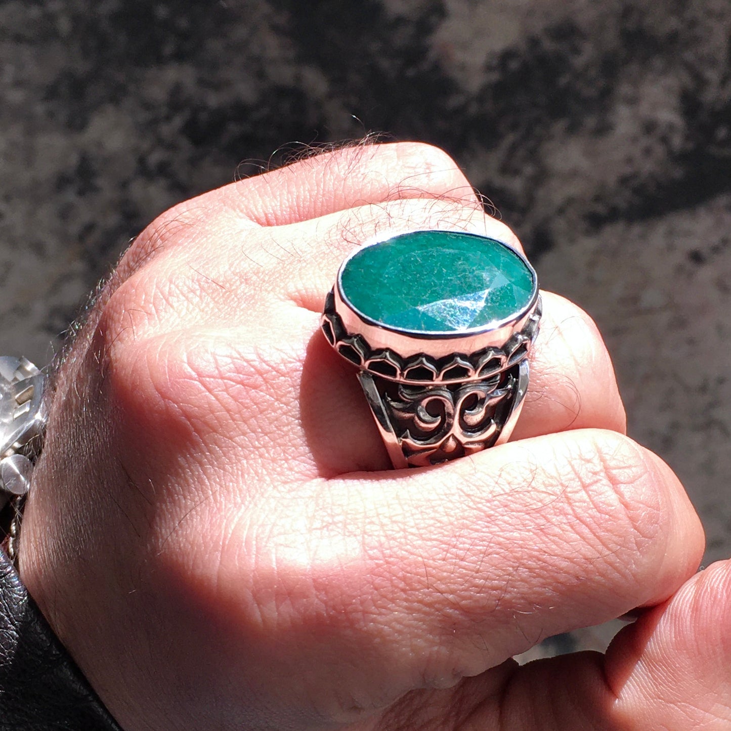 Handmade Ring Natural Big Emerald Unique Turkish Jewelry Sterling Silver 925