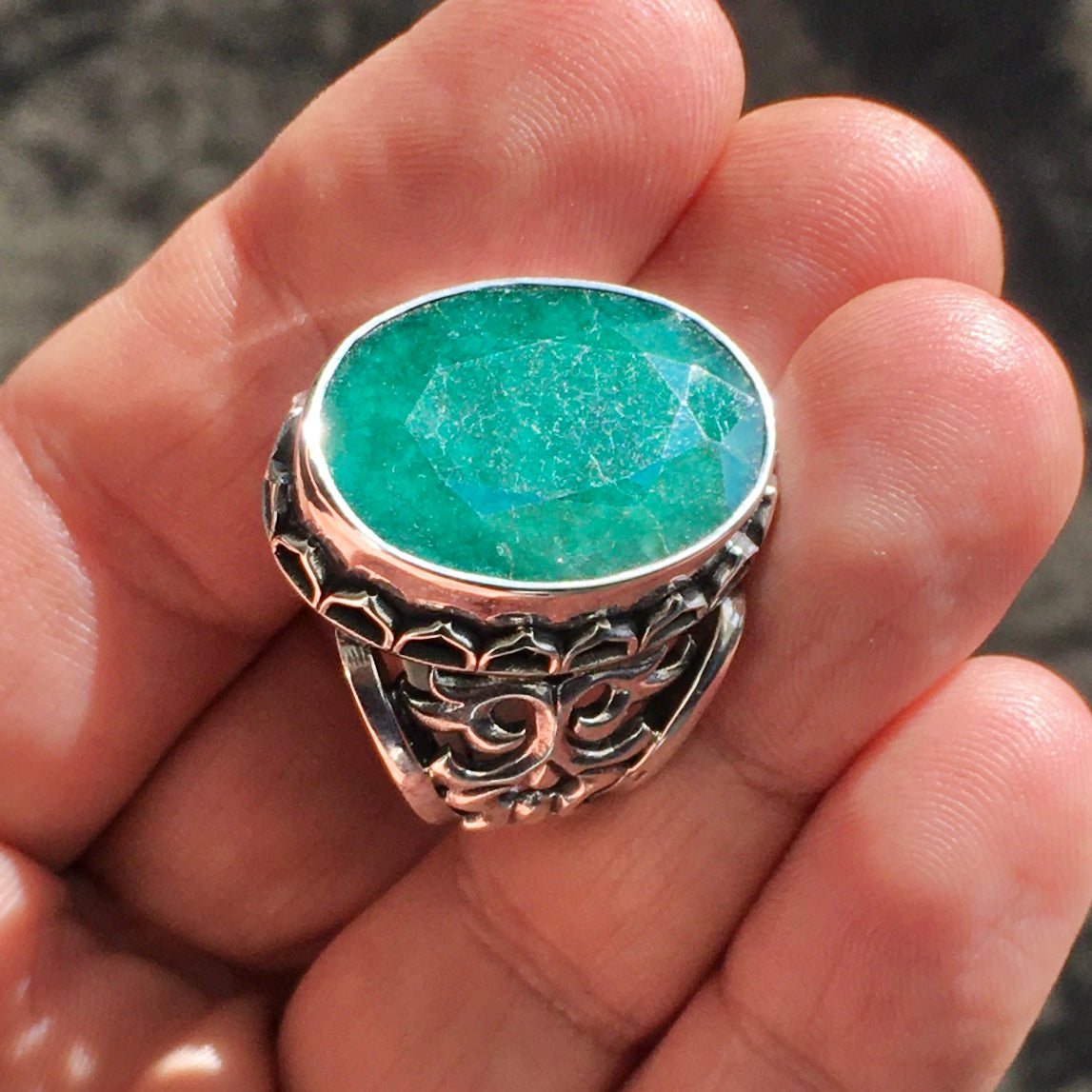 Handmade Ring Natural Big Emerald Unique Turkish Jewelry Sterling Silver 925