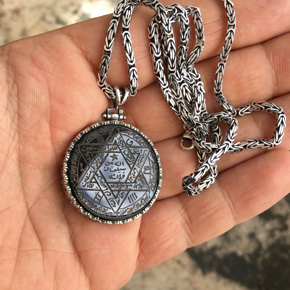 Black Onyx Pendant Sterling Silver 925 Kings Chain Necklace Handengraved Seal of Solomon Talisman Amulet