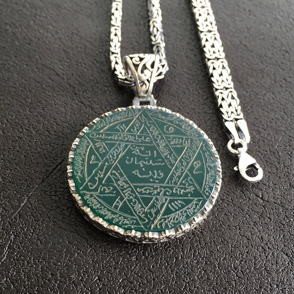 Green Agate Pendant Sterling Silver 925 Kings Chain Necklace Handengraved Seal of Solomon Talisman Amulet