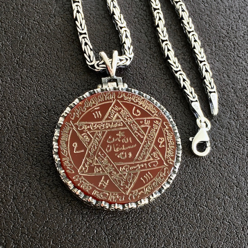 Seal of Solomon Talisman Anhänger Handgefertigte gravierte Königskette aus Achat-Silber 925