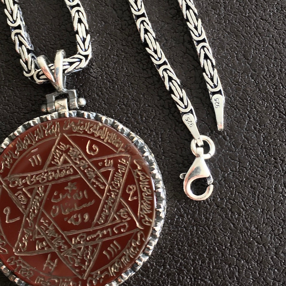 Seal of Solomon Talisman Pendant Handmade engraved Carnelian Agate Silver 925 Kings Chain