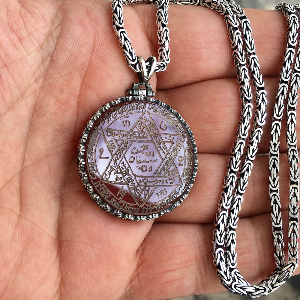 Seal of Solomon Talisman Pendant Handmade engraved Carnelian Agate Silver 925 Kings Chain