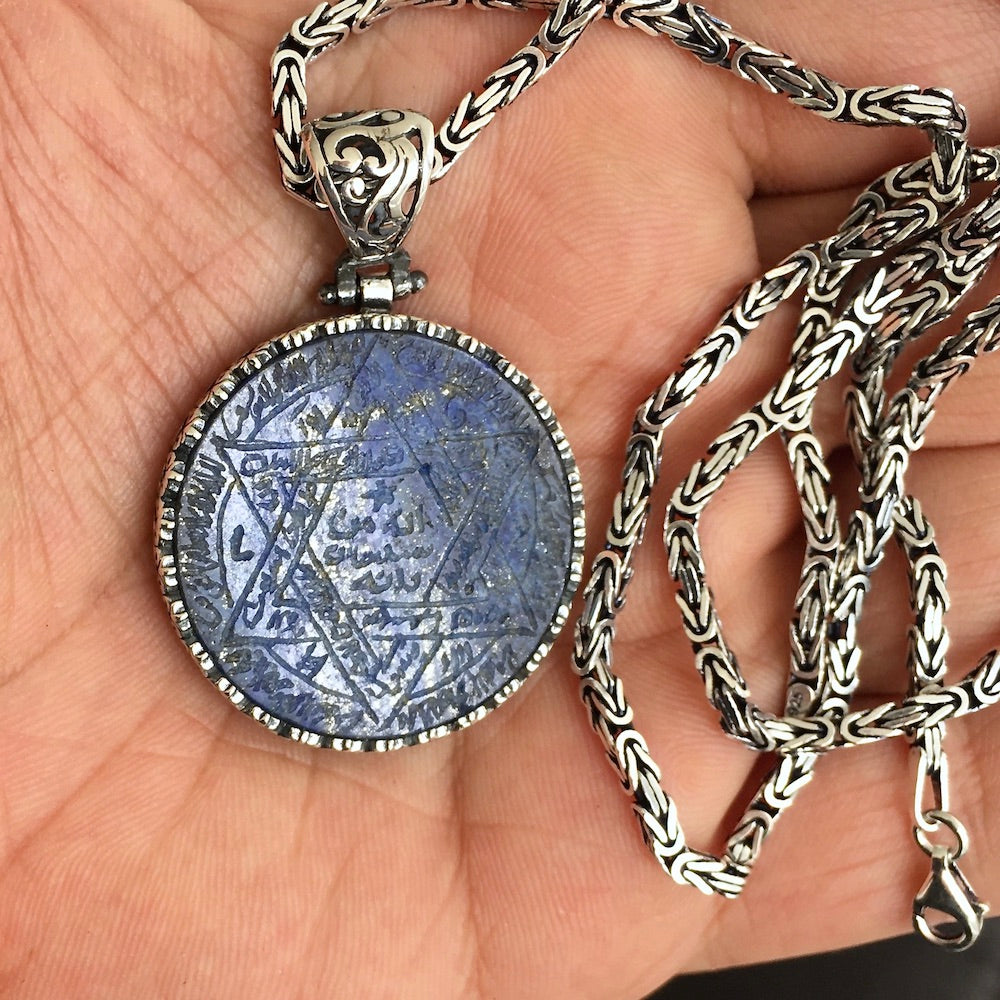 Lapis Lazuli Pendant Sterling Silver 925 Kings Chain Necklace Handengraved Seal of Solomon Talisman Amulet