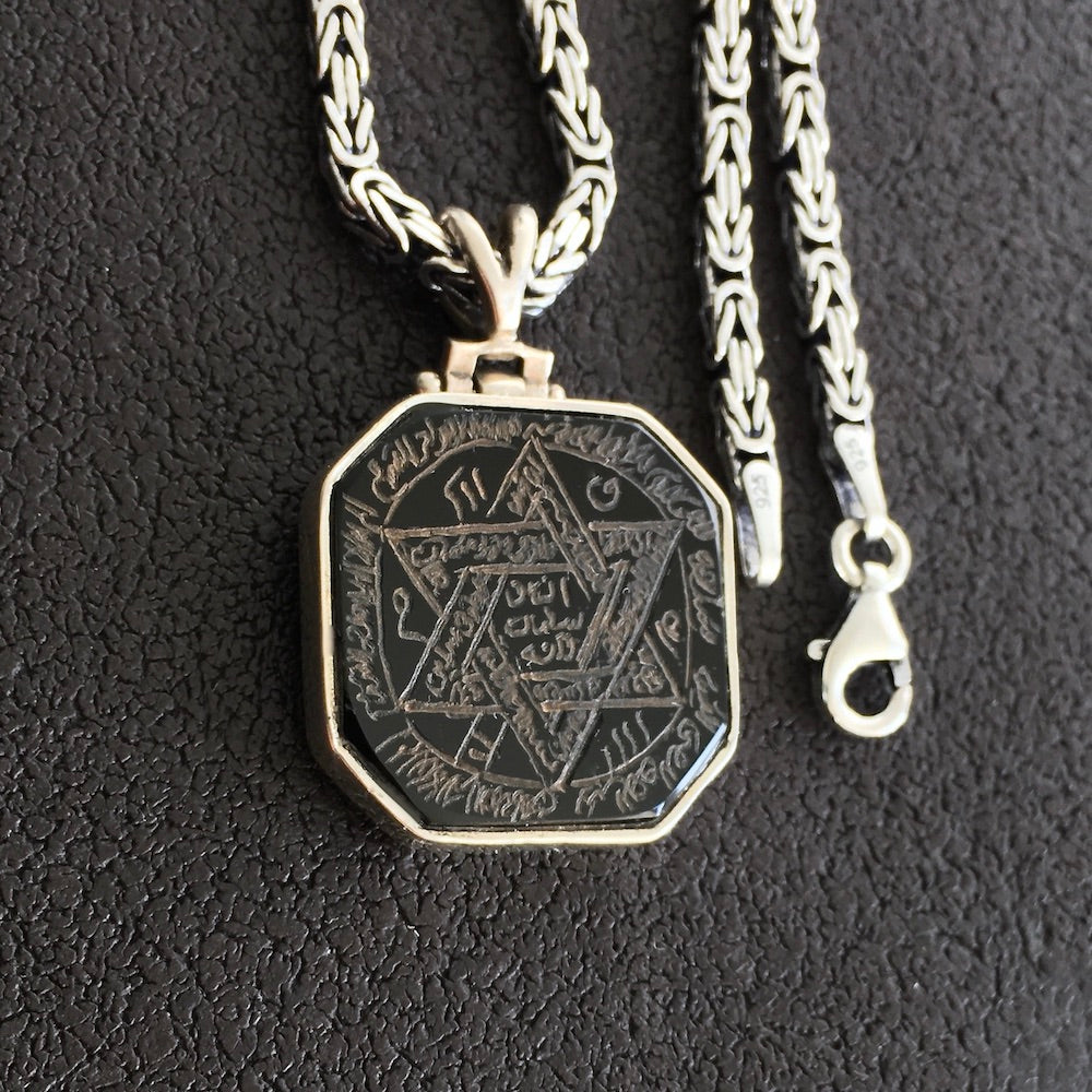 Black Onyx Pendant 925 Sterling Silver Kings Chain Necklace Handengraved Seal of Solomon Talisman Amulet