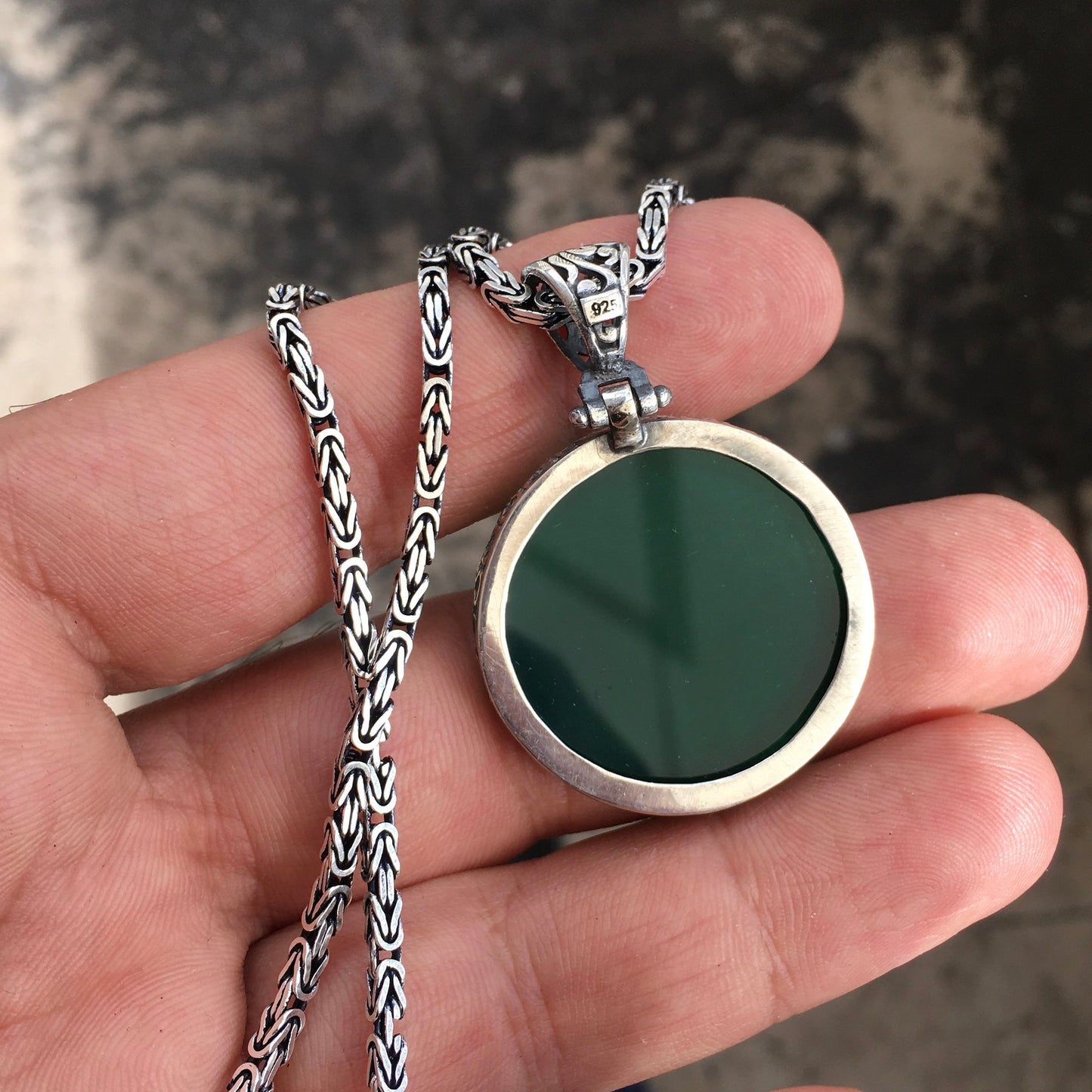 Green Agate Pendant Sterling Silver 925 Kings Chain Necklace Handengraved Seal of Solomon Talisman Amulet