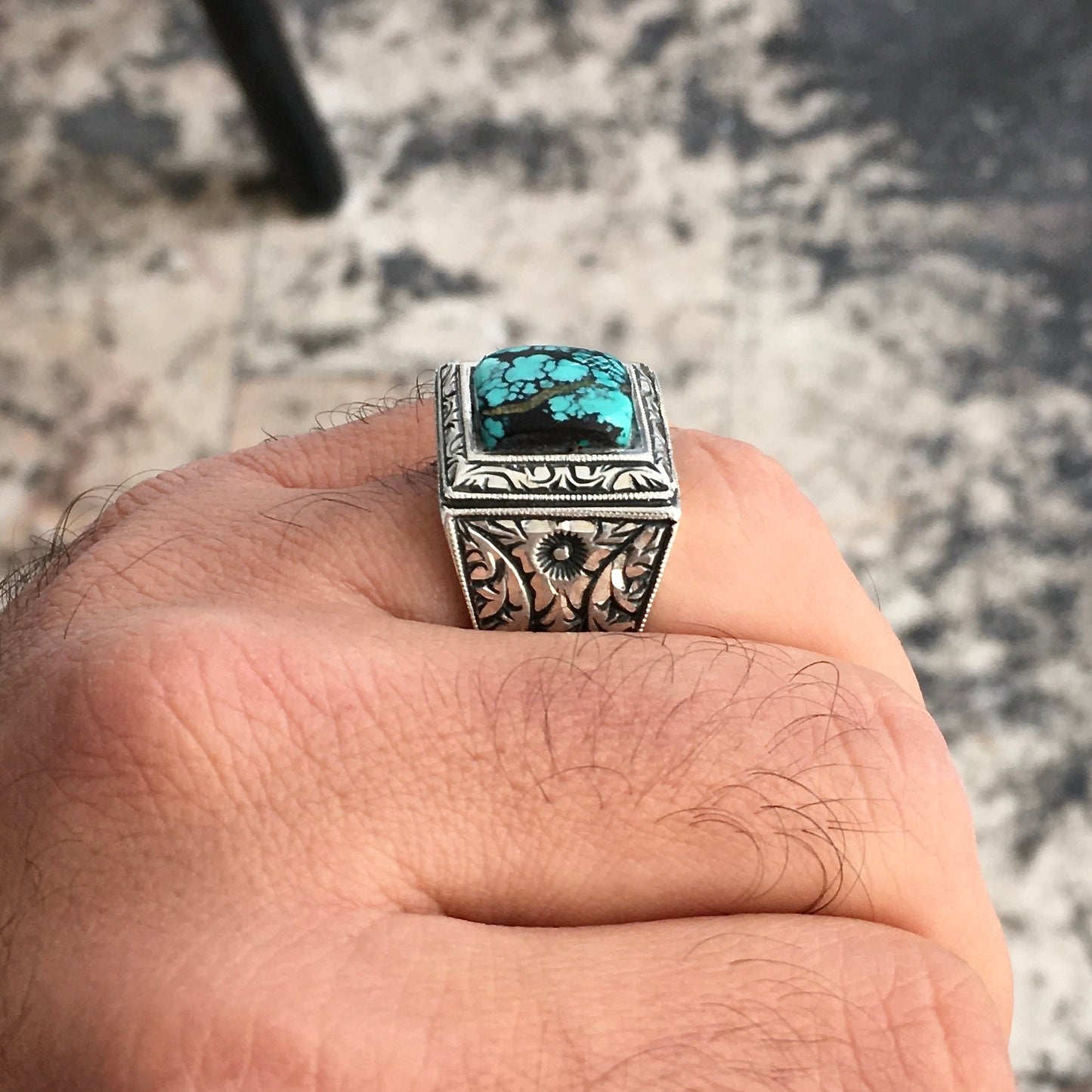 Sterling Silver Turquoise Persian Firoza Ring Unique Artisan Men's Handmade Jewelry