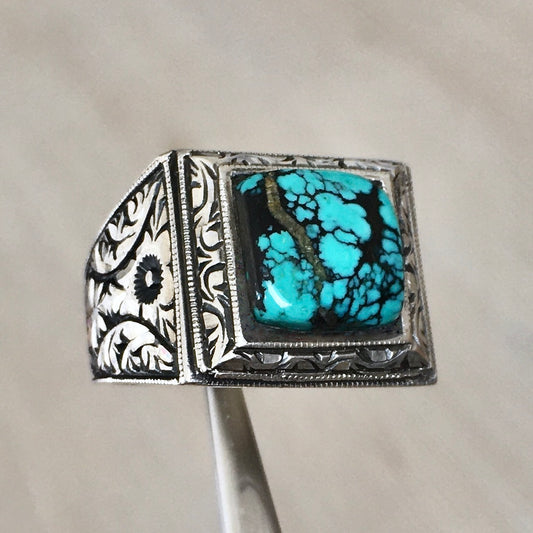 Sterling Silver Turquoise Persian Firoza Ring Unique Artisan Men's Handmade Jewelry