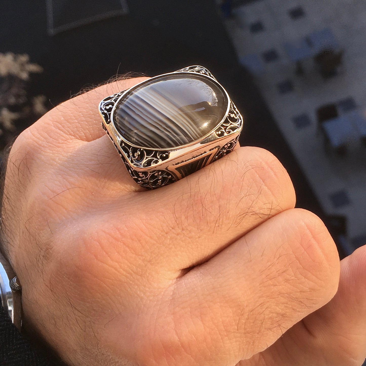 Sterling Silver Big Mens Ring Banded Botswana Agate Unique Statement Jewelry