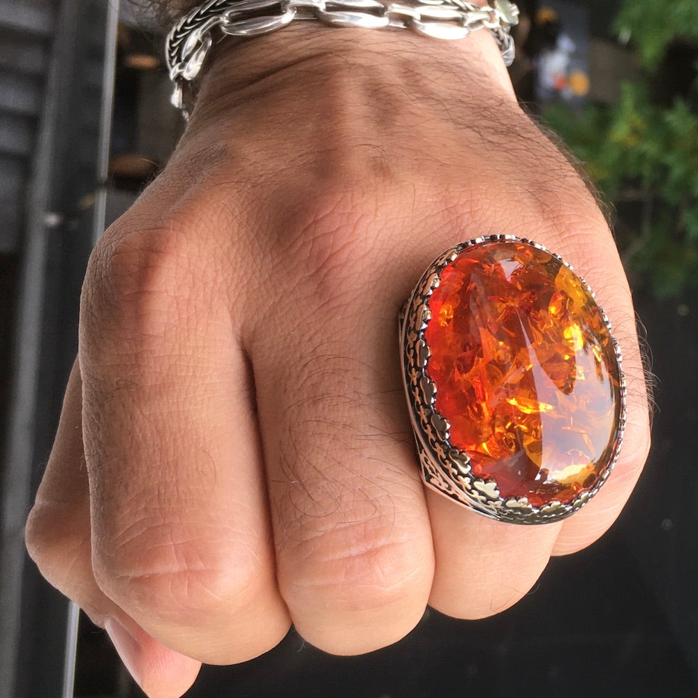 STERLING SILVER AMBER MEN'S RING UNIQUE EXTRAORDINARY STATEMENT JEWELRY 925 HEAVY