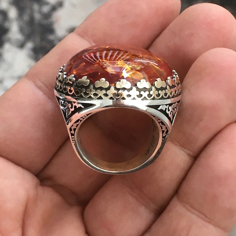 STERLING SILVER AMBER MEN'S RING UNIQUE EXTRAORDINARY STATEMENT JEWELRY 925 HEAVY