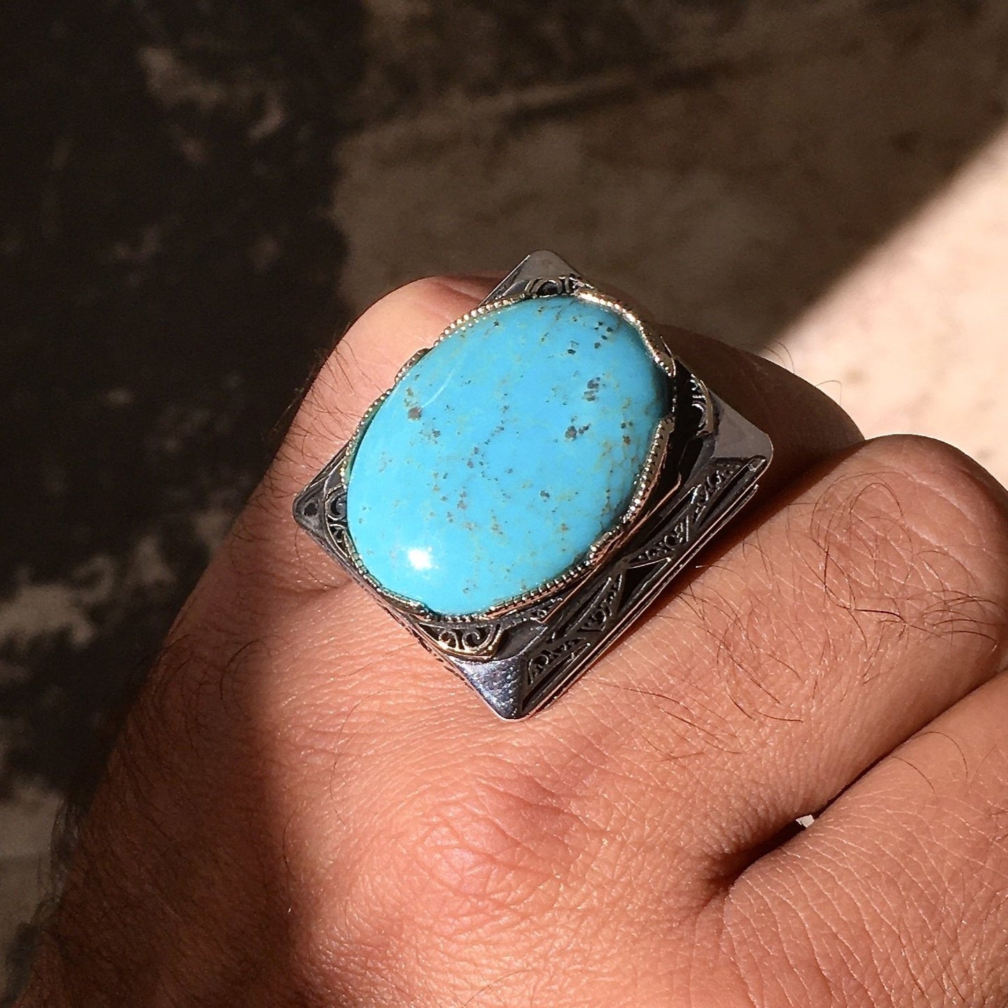 Big Men's Ring Turquoise Sterling Silver 925 Unique Statement Jewelry Large Heavy