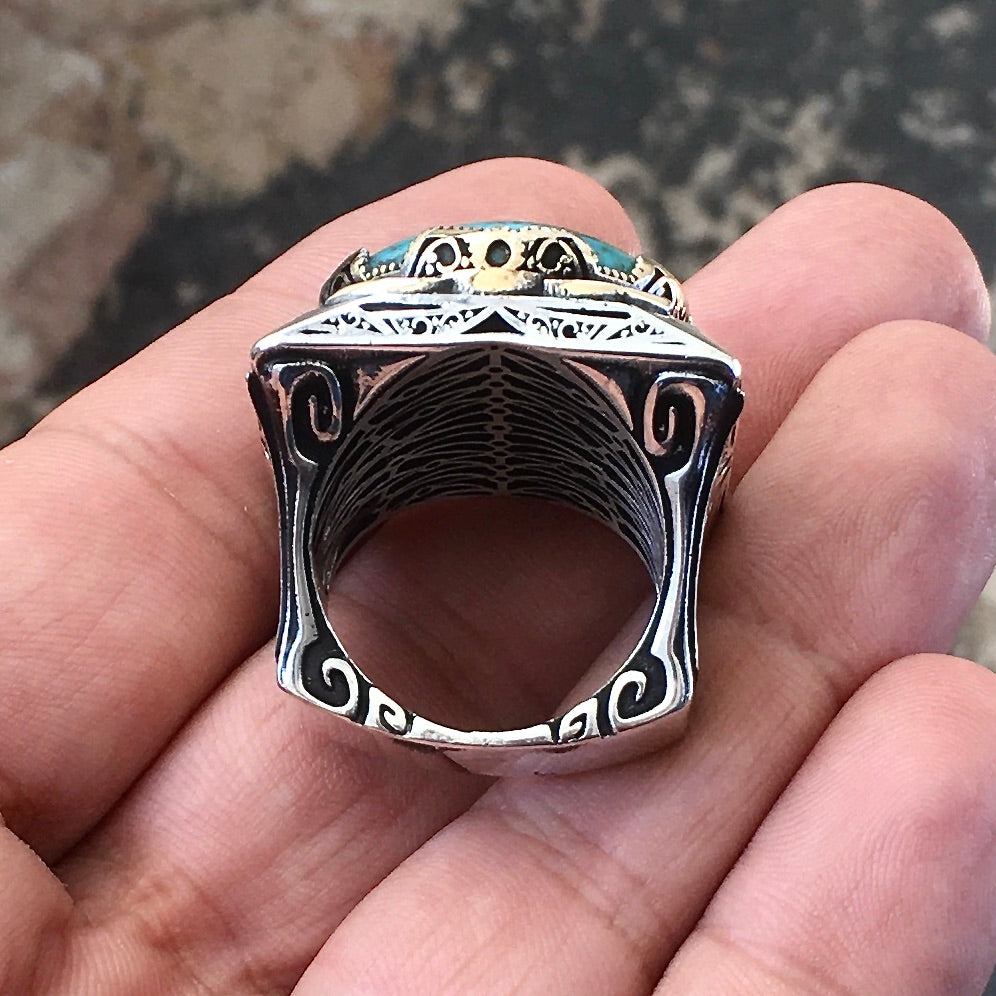 Big Men's Ring Turquoise Sterling Silver 925 Unique Statement Jewelry Large Heavy