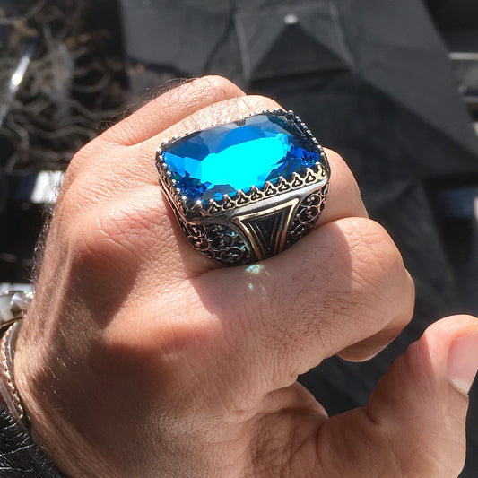Büyük Erkek Yüzüğü Gümüş Mavi Topaz inanılmaz Bildiri Yüzüğü boyut 12