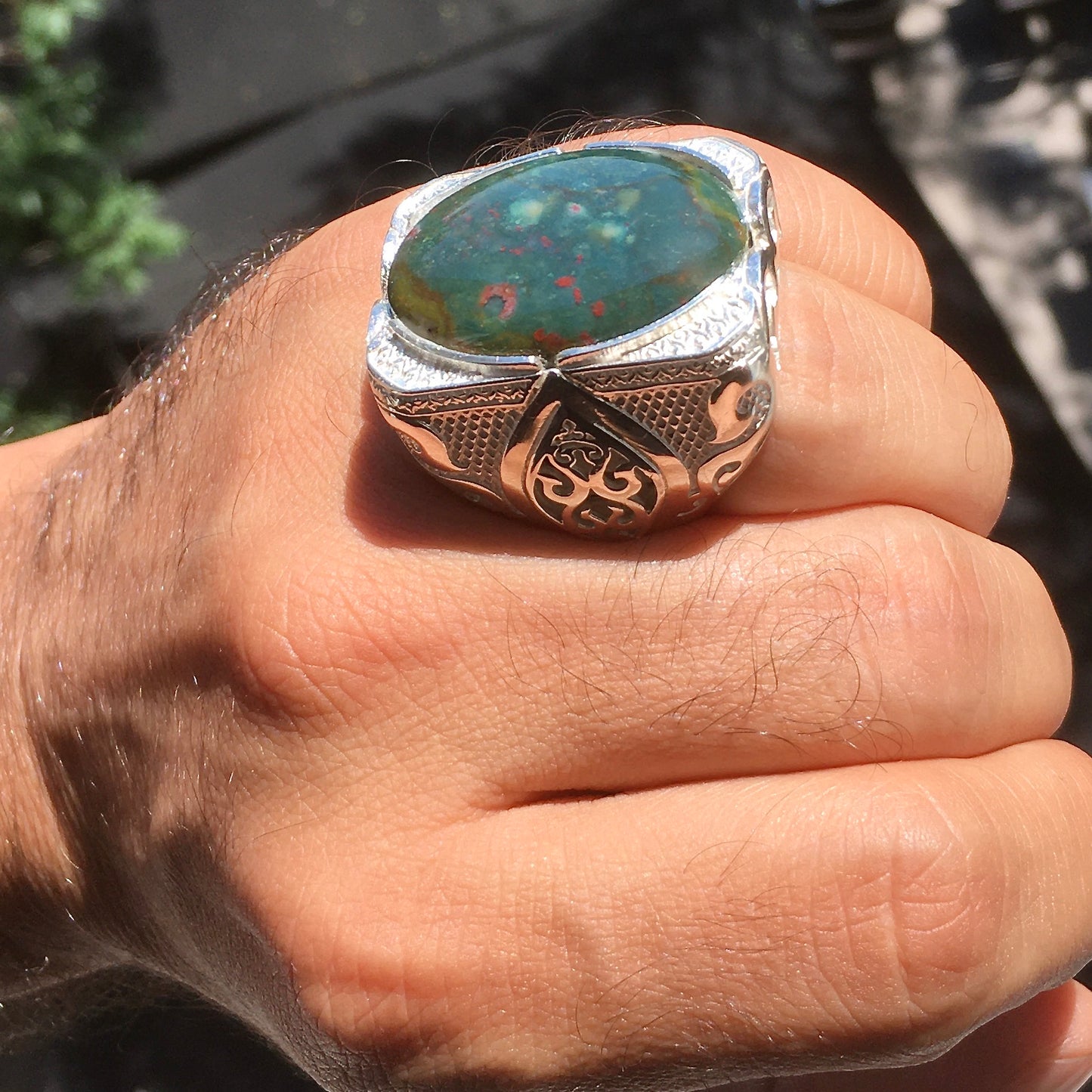 Sterling Silver Mens Ring Bloodstone Heliotrope Unique Artisan Statement Jewelry