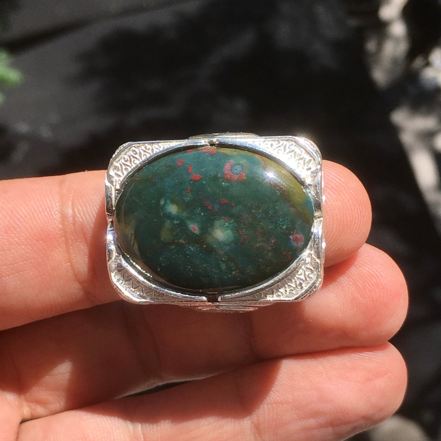 Sterling Silver Mens Ring Bloodstone Heliotrope Unique Artisan Statement Jewelry
