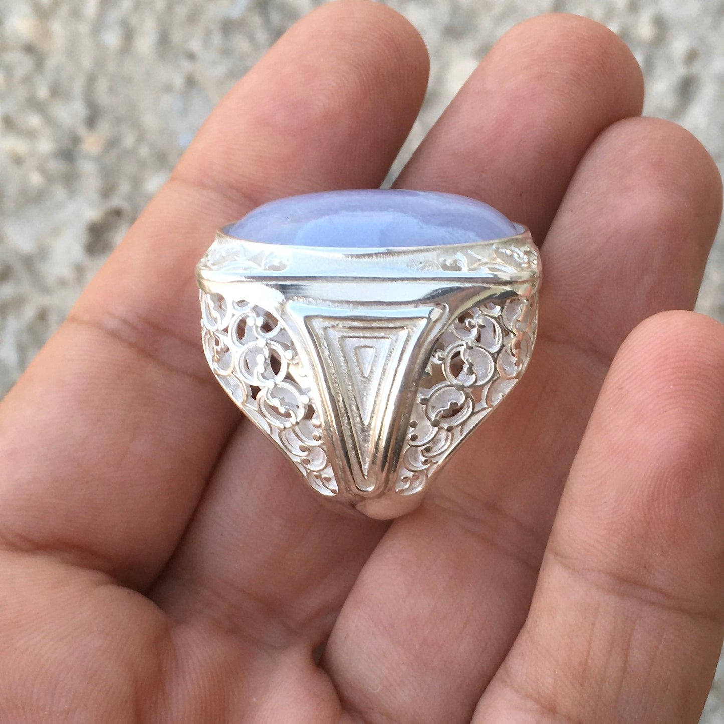 Sterling Silver Mens Ring Blue Lace Agate Big Turkish Artisan Statement Jewelry