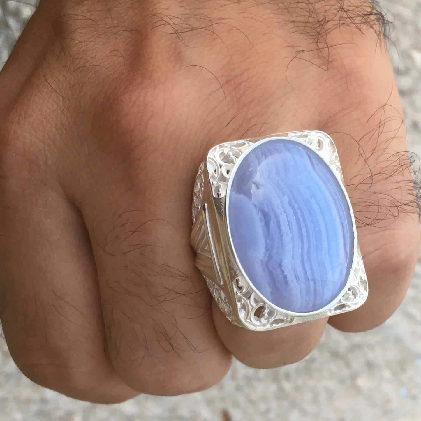 Sterling Silver Mens Ring Blue Lace Agate Big Turkish Artisan Statement Jewelry