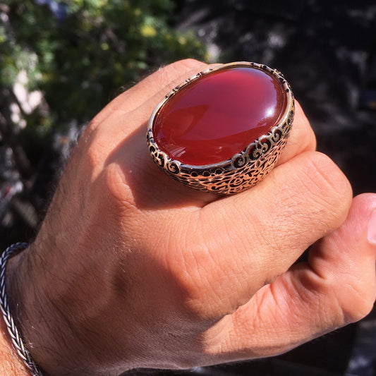Carnelian Mens Ring Aqeeq Sterling Silver Large Extraordinary Statement Jewelry