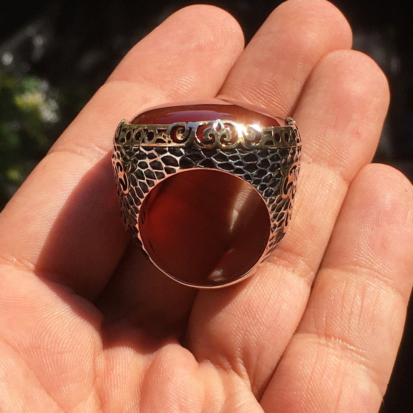 Carnelian Mens Ring Aqeeq Sterling Silver Large Extraordinary Statement Jewelry