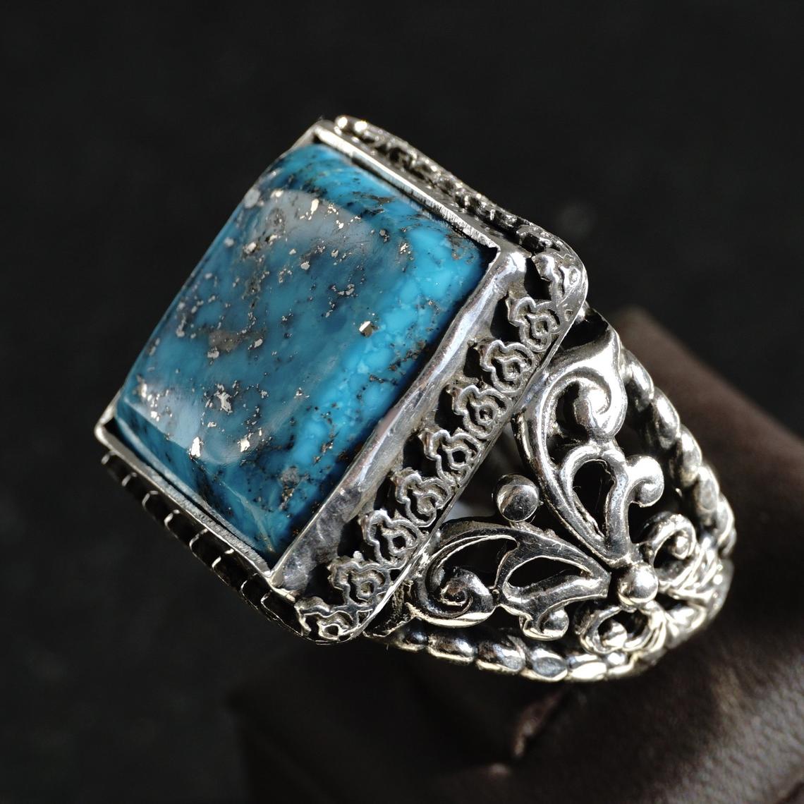 Turquoise Mens Ring Sterling Silver 925 Handmade Unique Artisan Jewelry