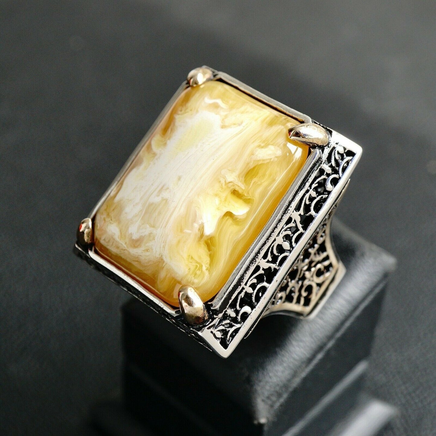 Sterling Silver Men's Ring Butterscotch Amber Extraordinary Statement Jewelry