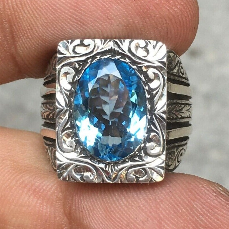 Sterling Silver Men’s Ring Swiss Blue Topaz Unique Artisan Handcrafted Jewelry