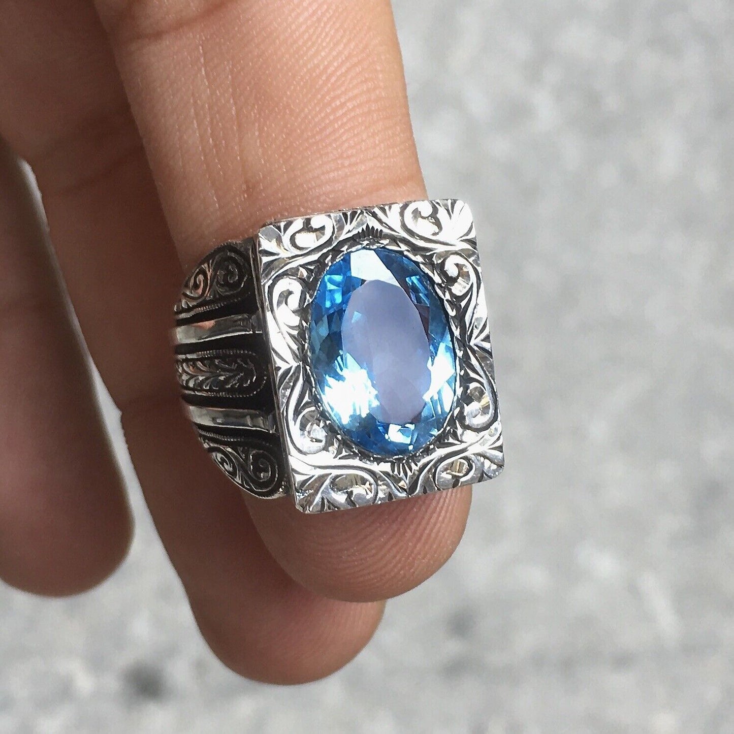 Sterling Silver Men’s Ring Swiss Blue Topaz Unique Artisan Handcrafted Jewelry