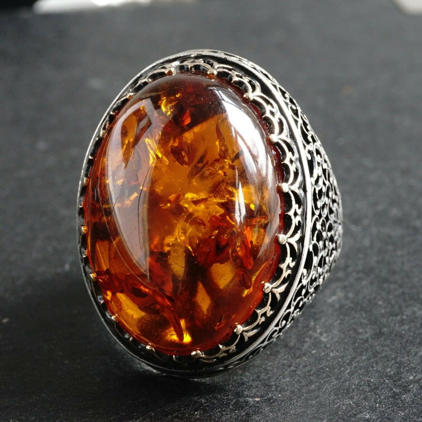 Sterling Silver Amber Men's Ring 925 Handmade Filigree Statement Artisan Jewelry