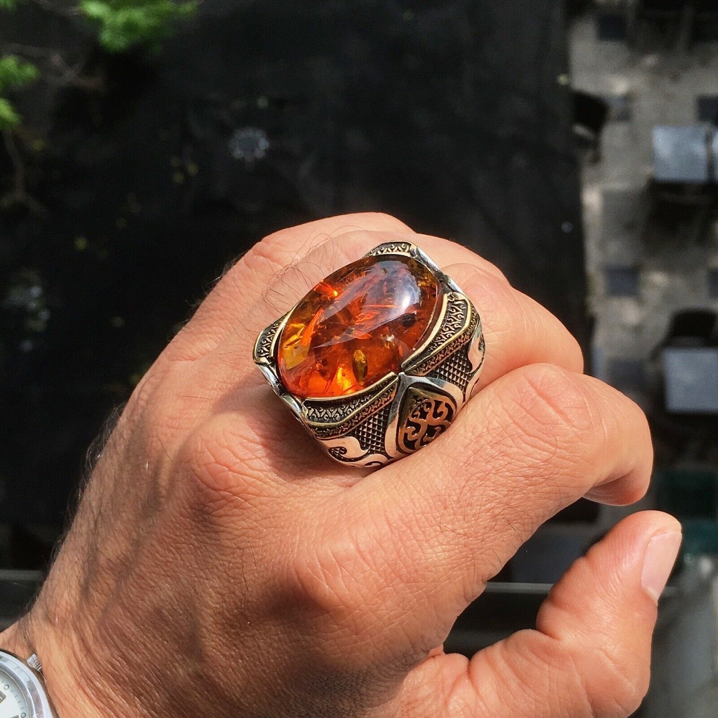 Sterling Silver Amber Men's Ring Unique Extraordinary Statement Artisan Jewelry