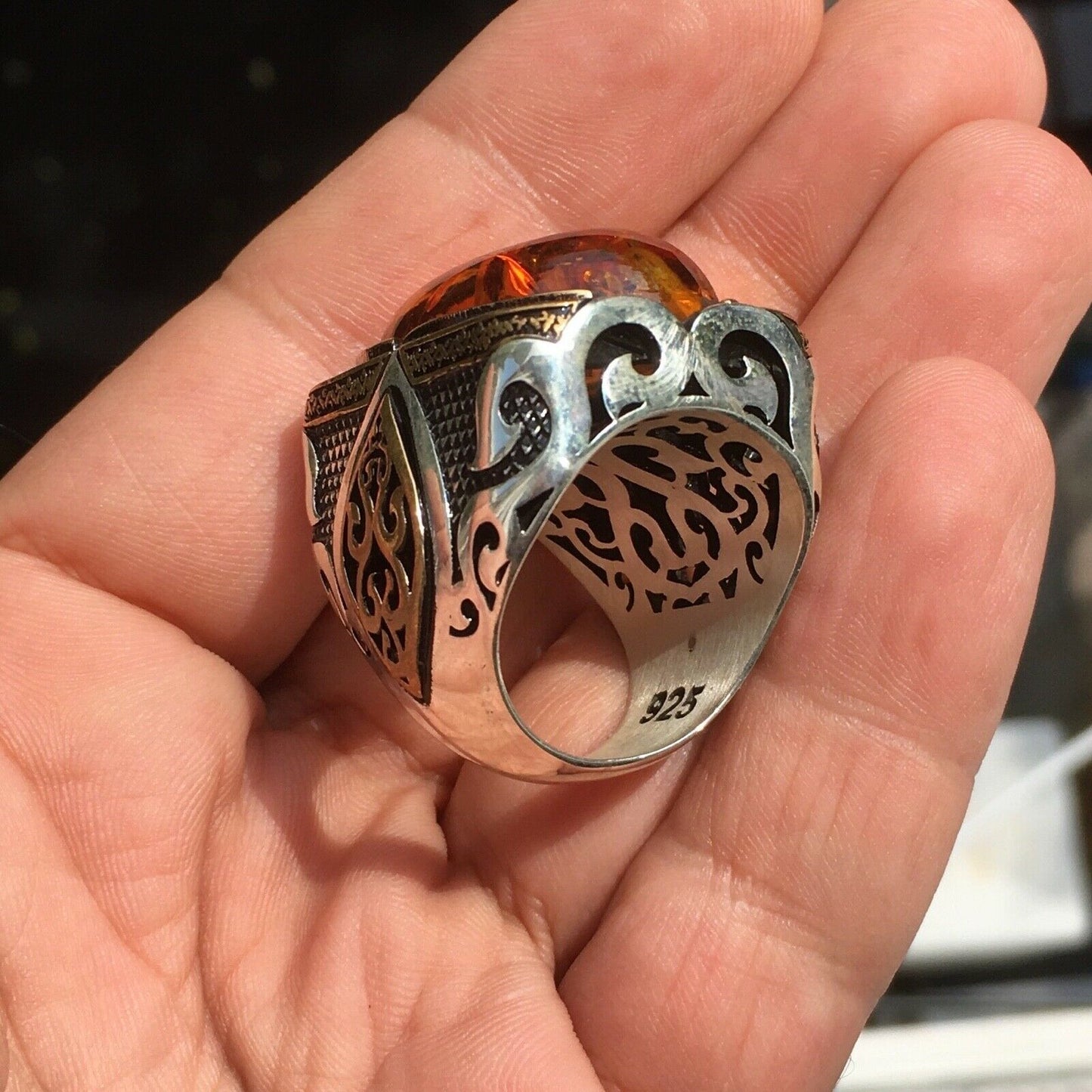 Sterling Silver Amber Men's Ring Unique Extraordinary Statement Artisan Jewelry