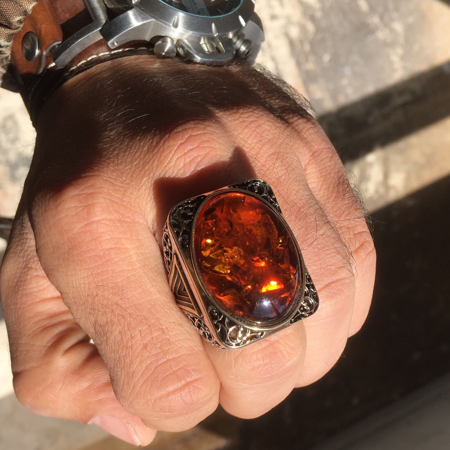 Sterling Silver Amber Men's Ring Elegant Extraordinary Statement Artisan Jewelry