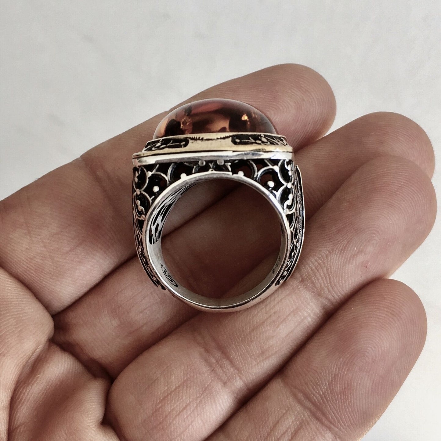 Sterling Silver Amber Men's Ring Elegant Extraordinary Statement Artisan Jewelry
