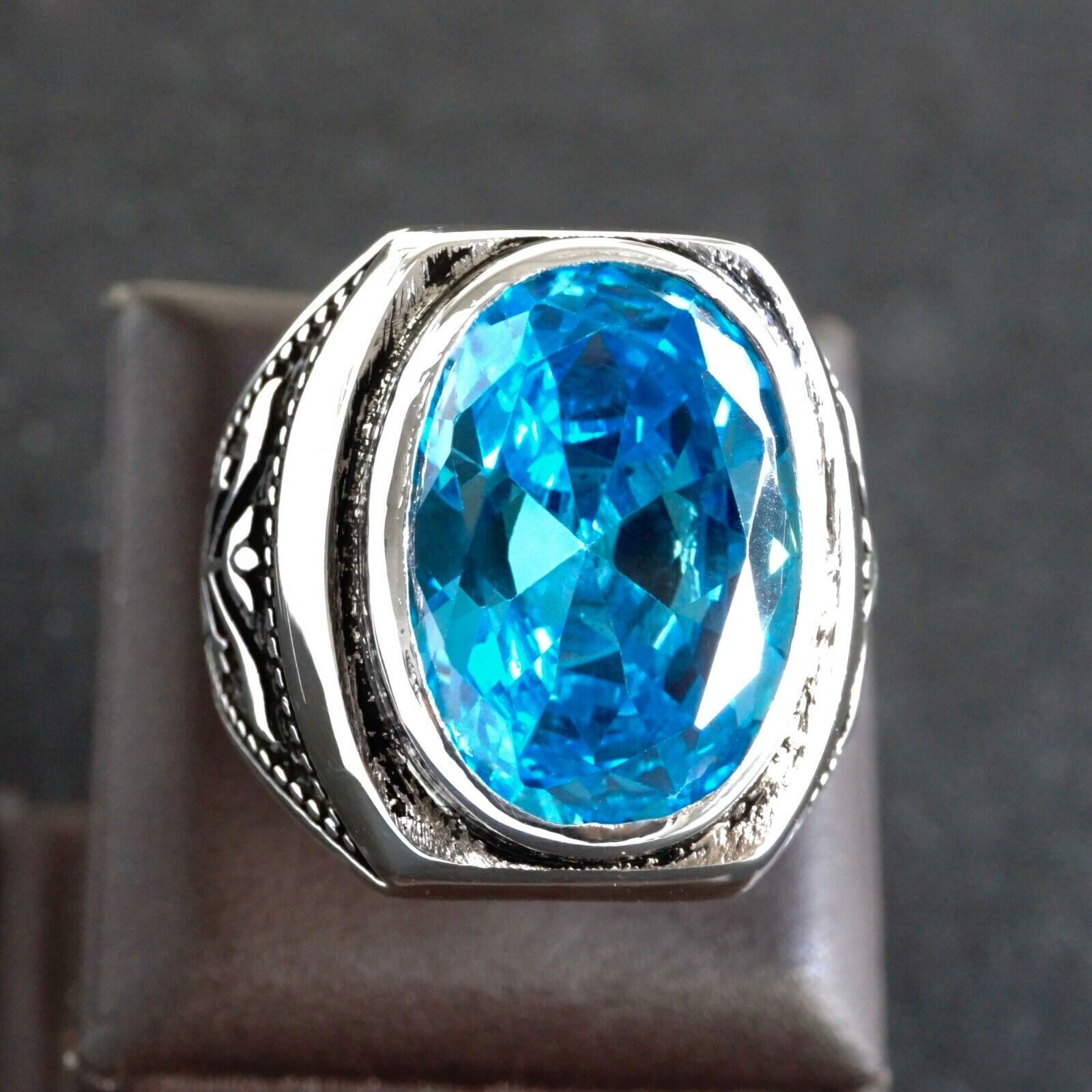 Blue Topaz Stone Men's Sterling Silver Ring