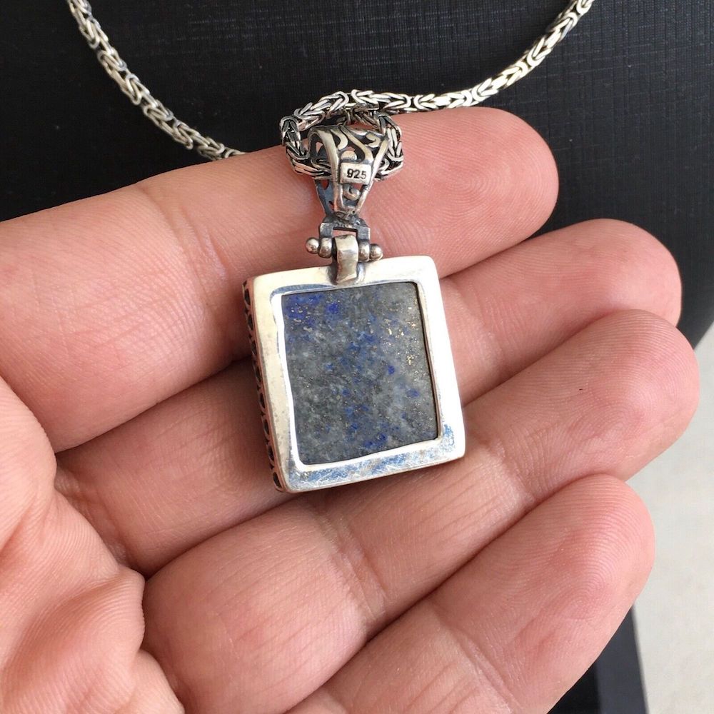 Lapis Lazuli Pendant Sterling Silver Kings Chain Necklace hand-engraved Islamic Verse "The Throne"