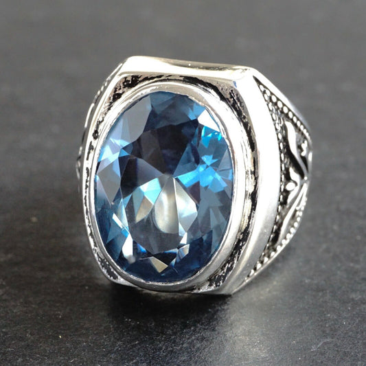 Sterling Silver Men’s Ring London Blue Topaz Artisan Handcrafted Unique Jewelry